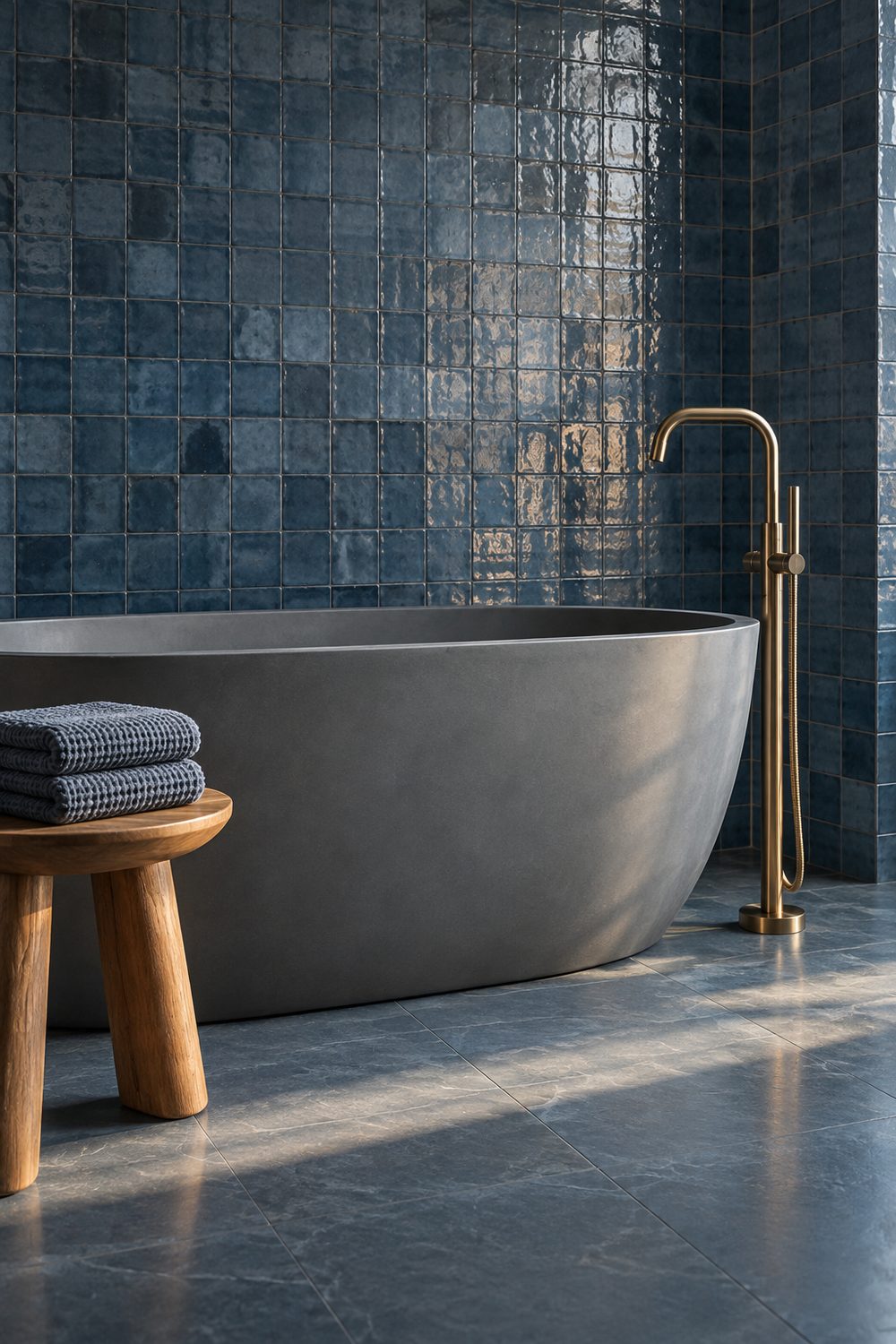 Matte grey freestanding bathtub in front of a glossy blue tiled wall with a brass floor-mounted tub filler