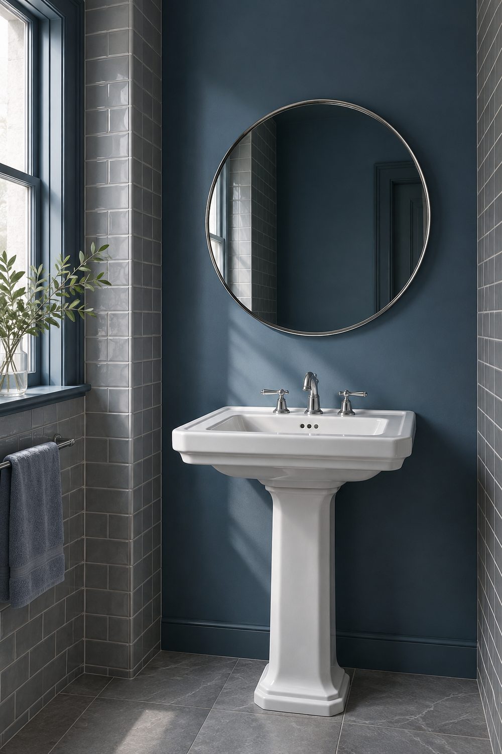 Bathroom with a medium blue accent wall behind a white pedestal sink and grey subway tile on the side walls