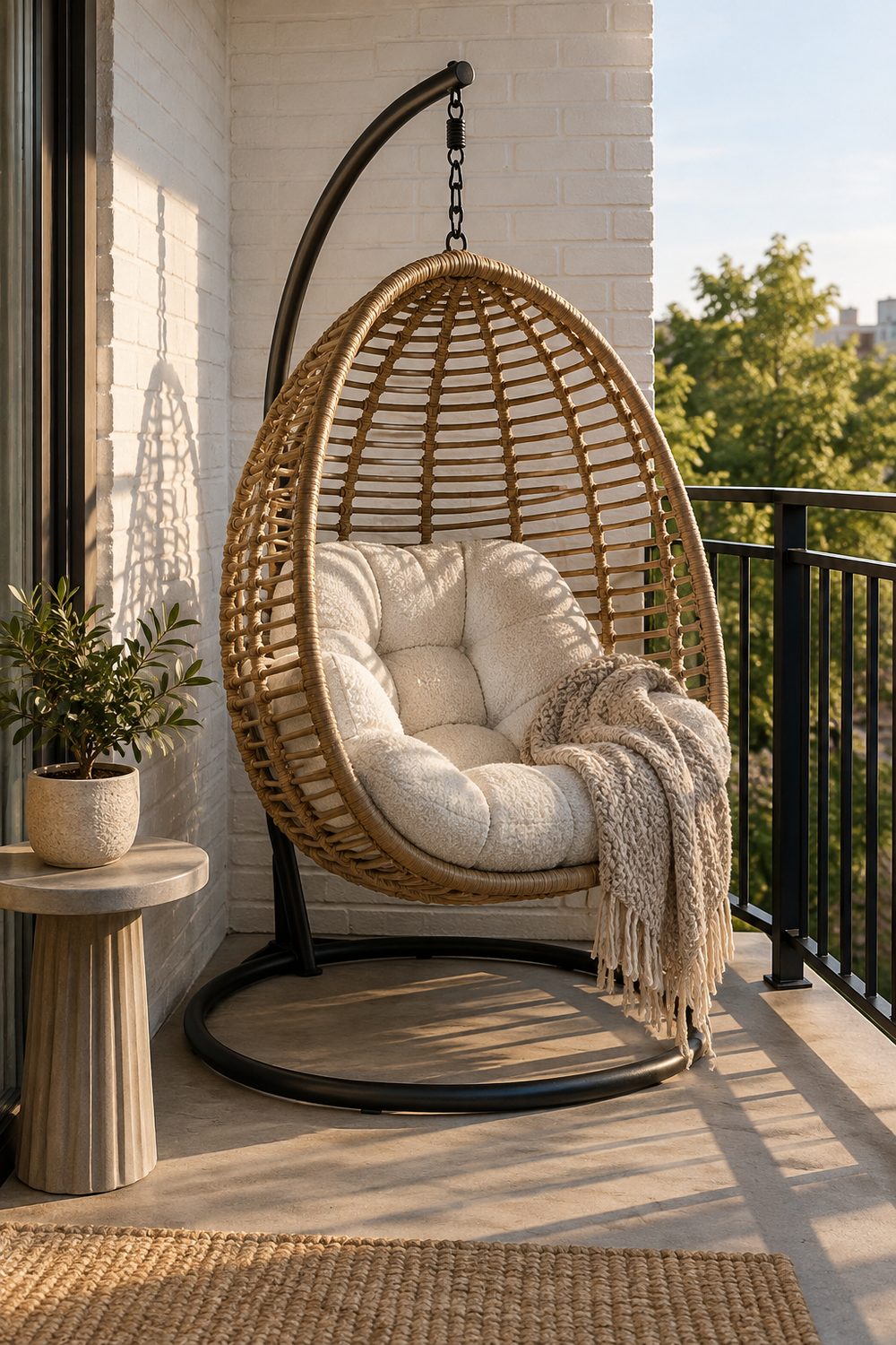 Woven rattan egg chair with a cream cushion hanging from a black steel stand in the corner of a small balcony