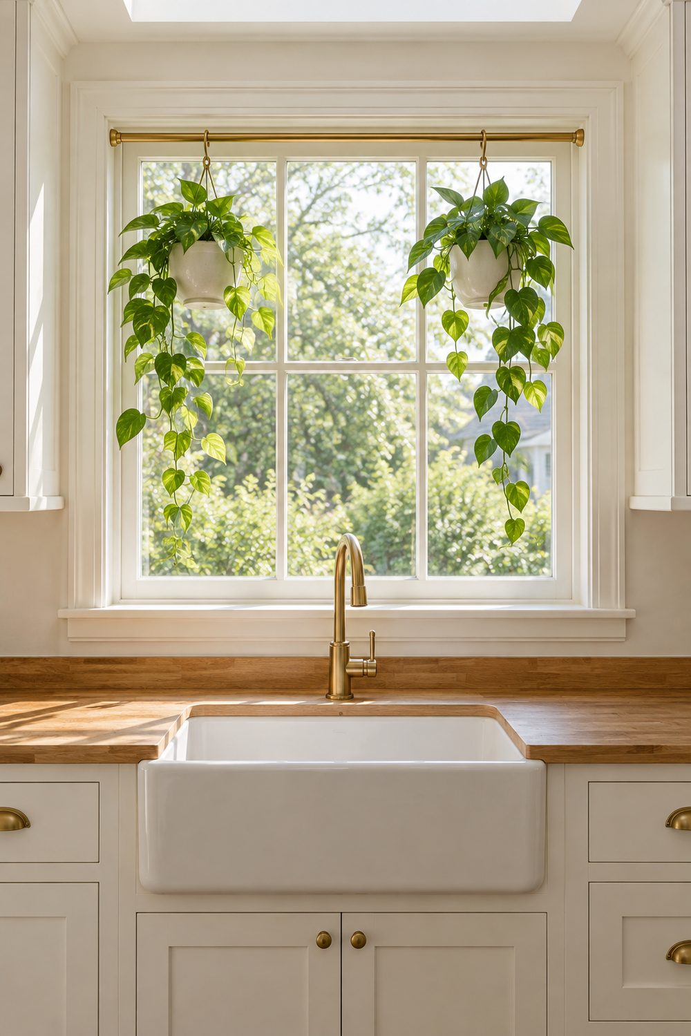 Two trailing pothos plants hanging from a brass rod across the top of a kitchen window above the sink, white cabinets
