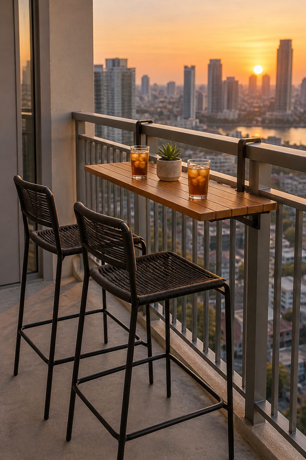 Slim teak table hooked over a grey balcony railing with two black bar stools and a city skyline behind