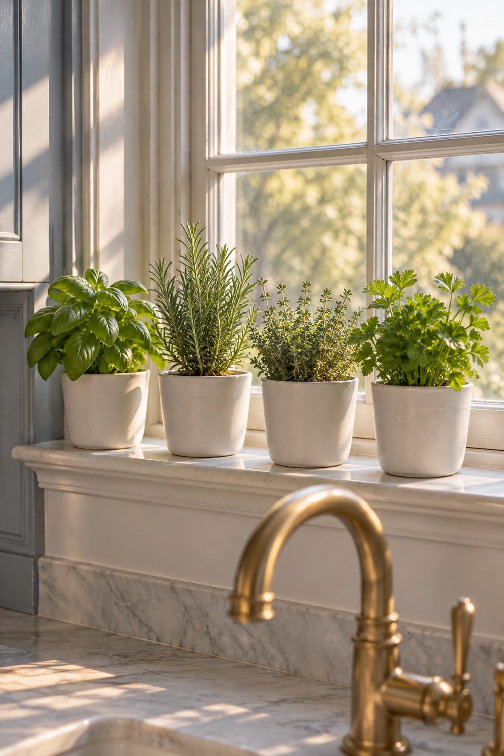 Four herb plants in white ceramic pots in a row on a kitchen window sill above the sink, brass faucet in the foreground