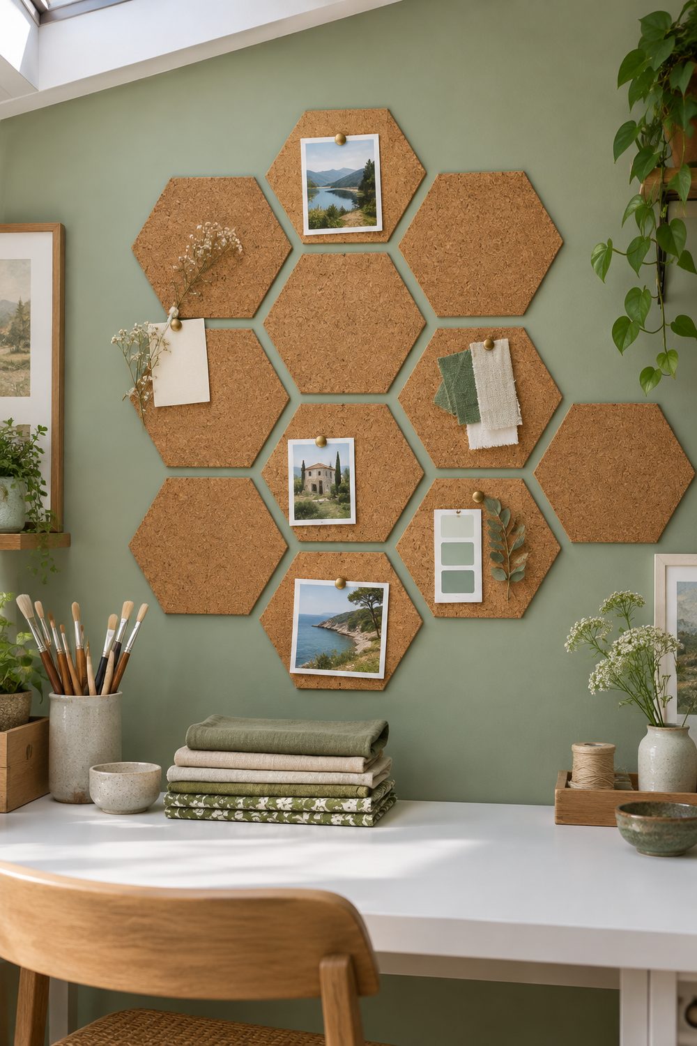 Honeycomb cluster of hexagon cork tiles with small gaps on a sage green wall above a white craft table