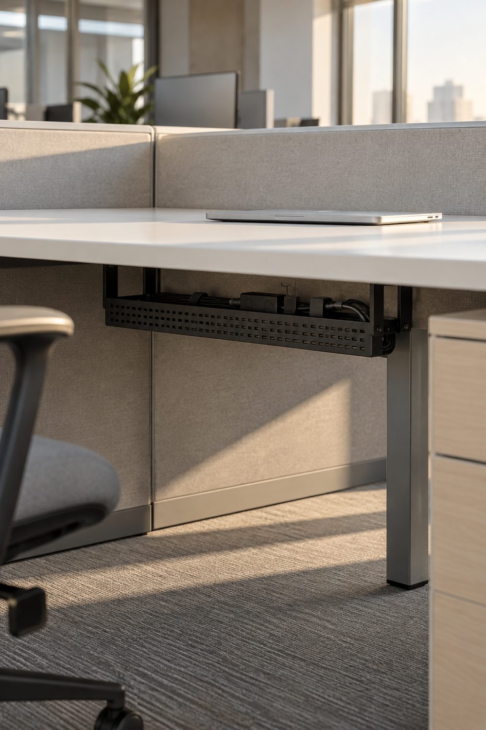 Black steel cable tray mounted under a white cubicle desk holding a power strip and bundled cords, desk top clear above