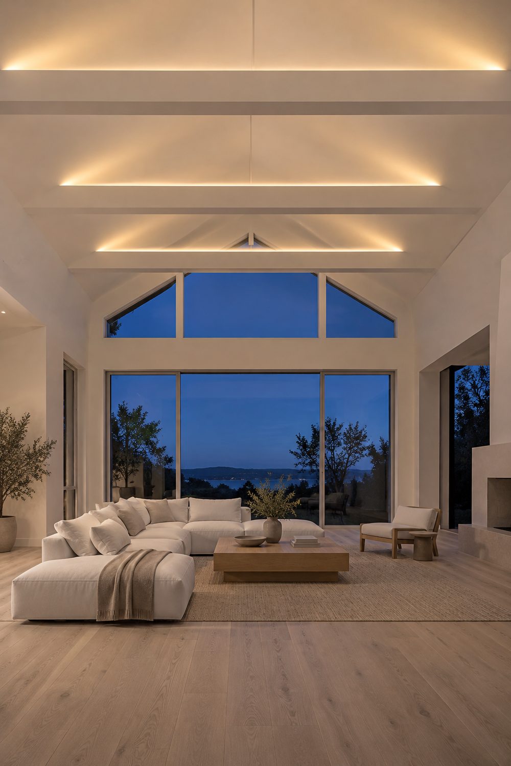 Hidden warm LED cove lighting glowing along three white box beams on a white vaulted family room ceiling at dusk