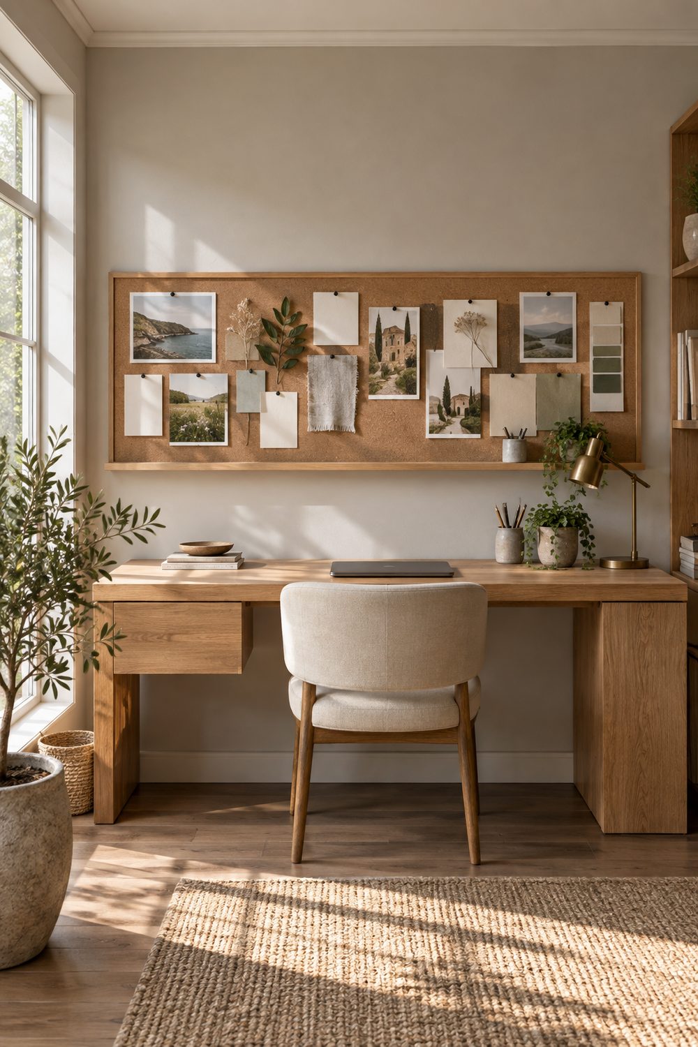 Long horizontal oak framed cork board mounted low above a wide oak desk with a slim shelf beneath it in a home office