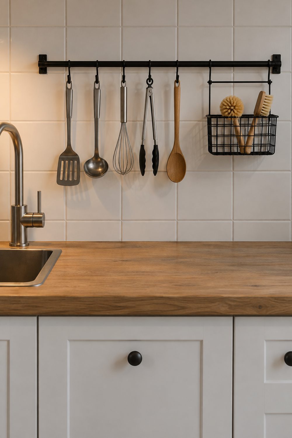 Matte black steel rail mounted on a white tile kitchen backsplash holding hanging utensils and a wire basket above an oak counter