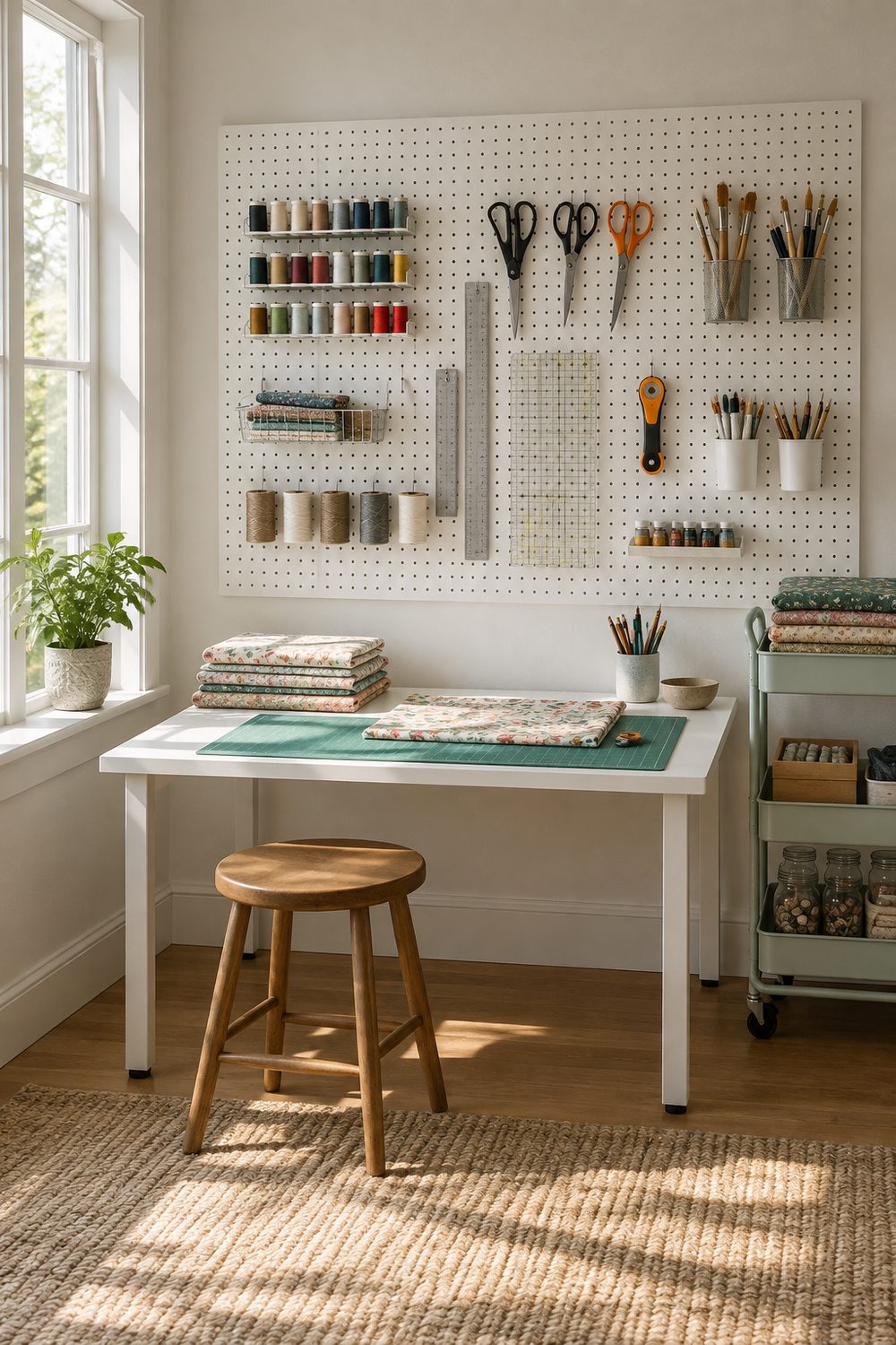 White craft table under a wall pegboard holding scissors, rulers, thread and brushes, with a cutting mat and rolling cart