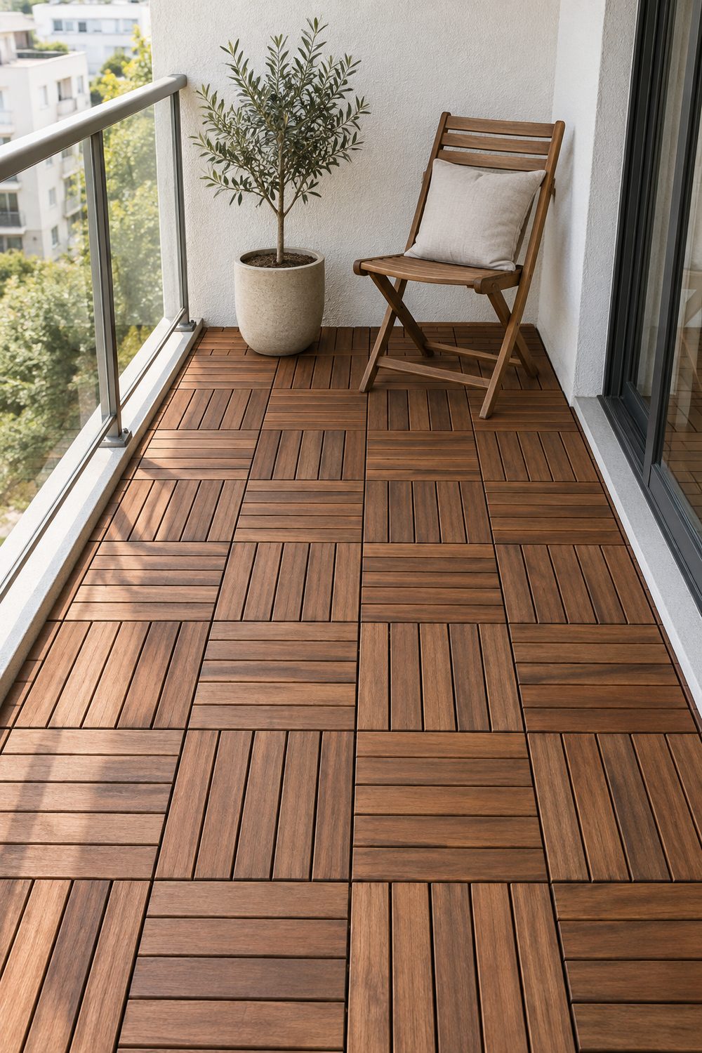 Square interlocking acacia wood deck tiles in a checkerboard grid covering the floor of a small white apartment balcony