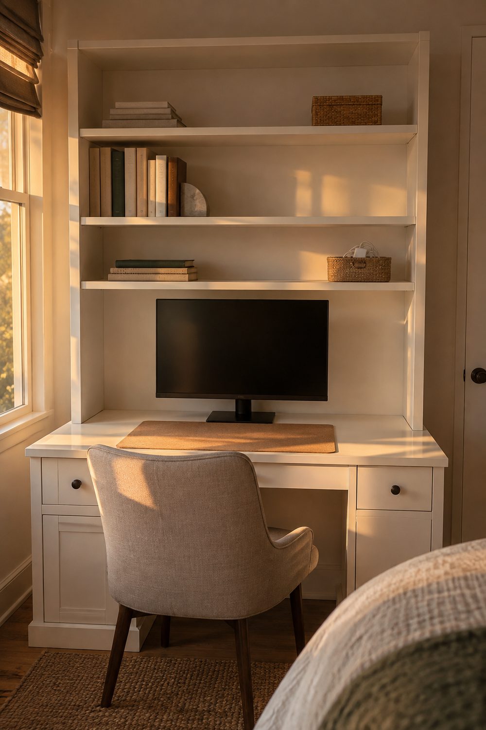White desk with a three shelf open hutch above, sparse notebooks and books on the shelves and a monitor below