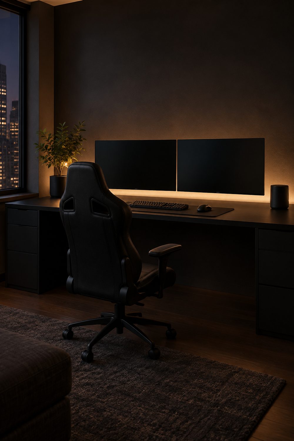 Wide black gaming desk with two dark monitors and a warm LED glow on a charcoal wall in a tidy game room