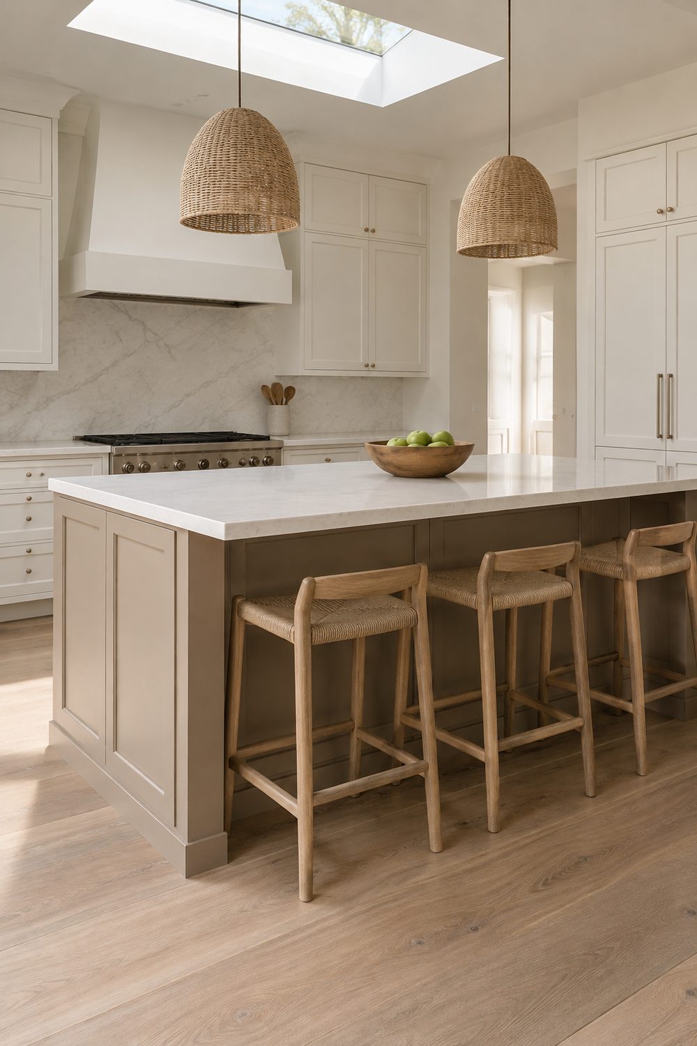 Kitchen island built from greige base cabinets with a white quartz overhang, three wood counter stools and two pendant lights above