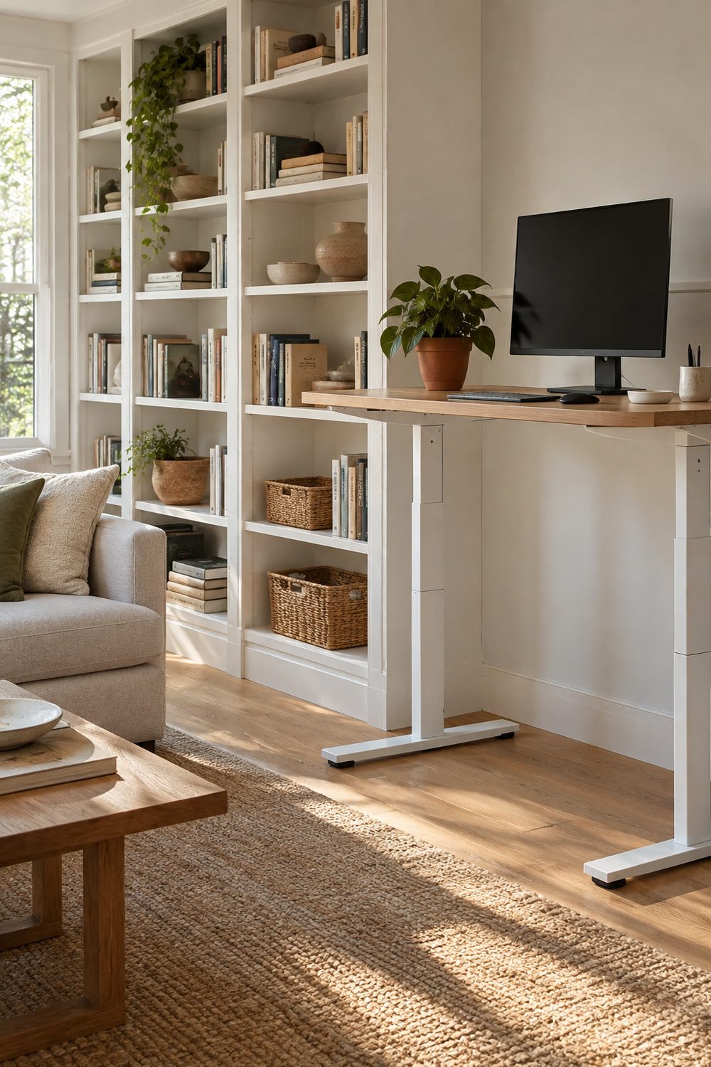Sit stand desk with an oak top raised to standing height beside a wall of white bookcases in a living room