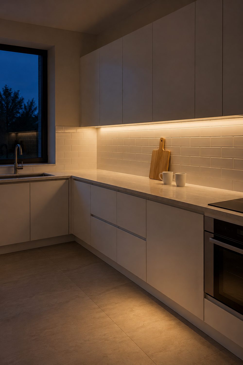 Kitchen at dusk with warm white LED strips glowing under white wall cabinets onto a pale quartz countertop and white tile