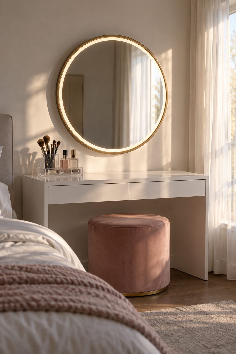 White vanity desk with a round lighted mirror above, acrylic makeup organizers and blush velvet stool in a bedroom