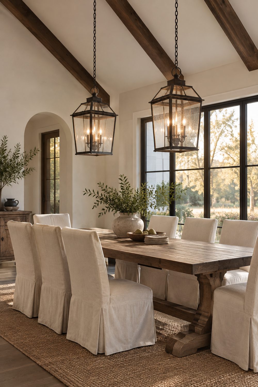 Two black iron lantern pendants with glass panels hanging over a pine trestle table in a dining room with a white vaulted ceiling