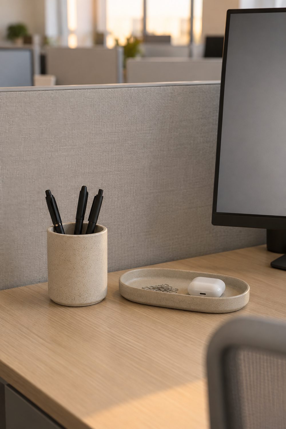 Sand glazed ceramic pen cup with three pens beside a matching oval ceramic tray on a light oak desk in an office cubicle