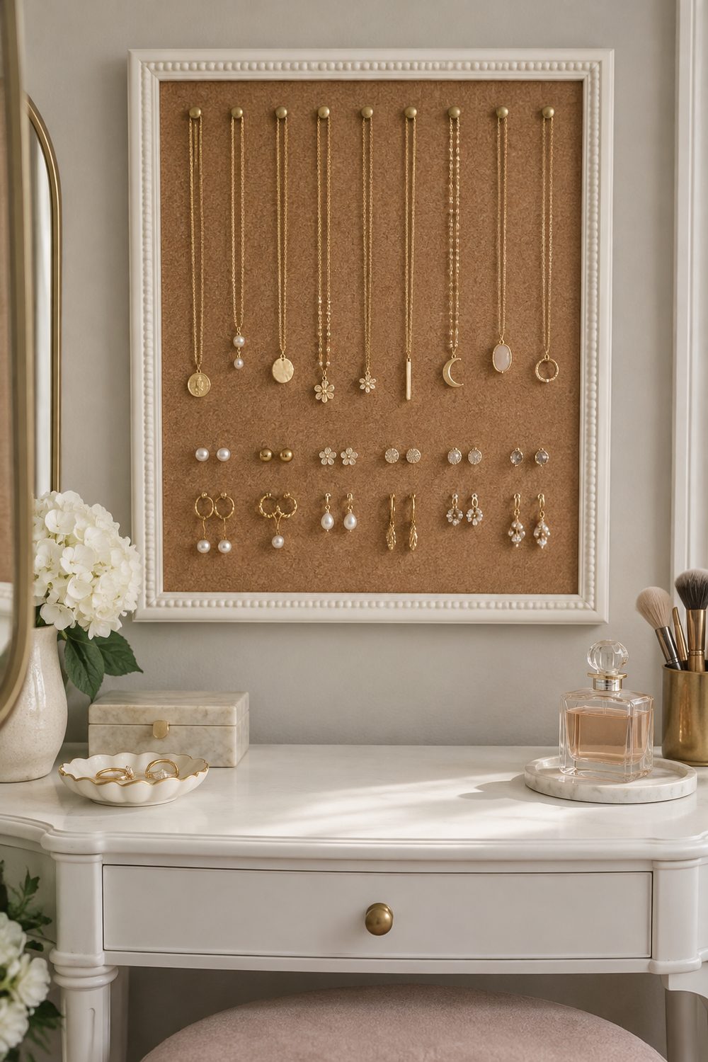 White framed cork board holding gold necklaces on pins and rows of earrings above a vanity table in a dressing room
