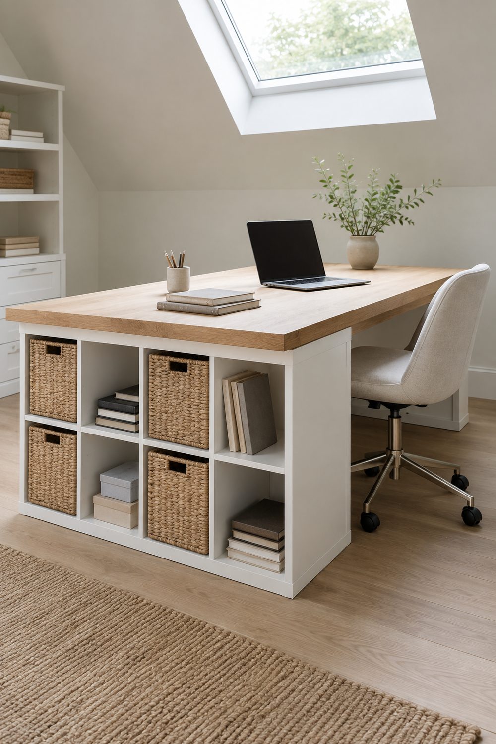 White cube shelving unit used as a desk base under a white oak top, four seagrass bins in the cubes, in a bright home office