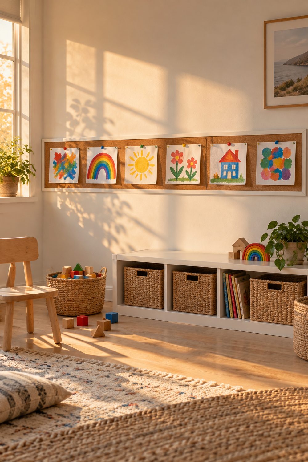 Long narrow cork strip in a white frame mounted low on a playroom wall with a row of colorful children's paintings pinned to it
