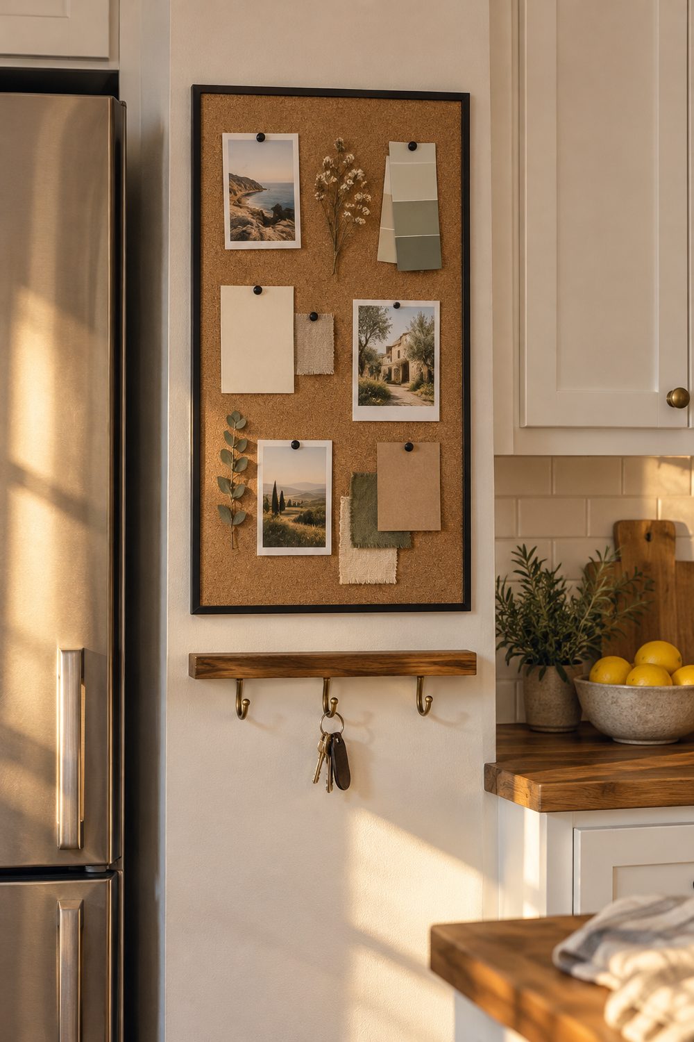 Black framed cork board on a white kitchen wall beside a stainless fridge with brass hooks and a small shelf below