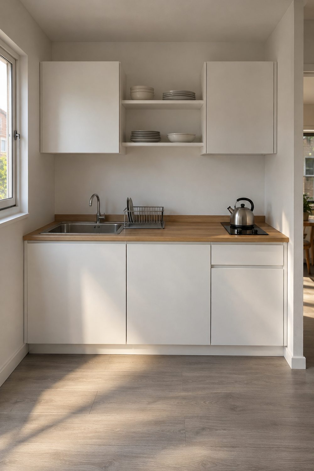 Small rental kitchen along one short wall with white flat cabinets, oak look laminate counter, stainless sink and two burner cooktop