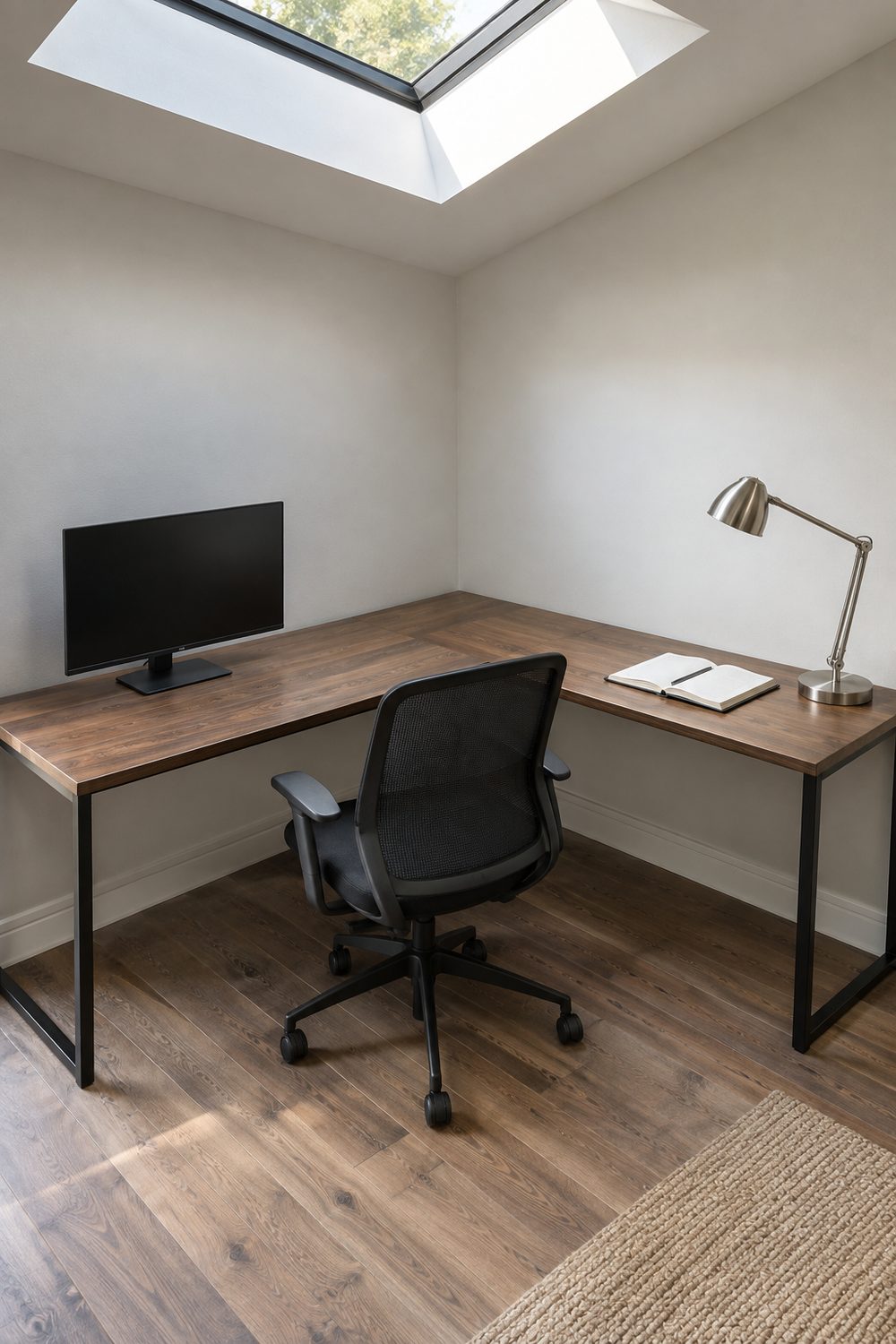 L shaped walnut desk wrapping a home office corner on black metal legs, monitor on one wing and planner on the other