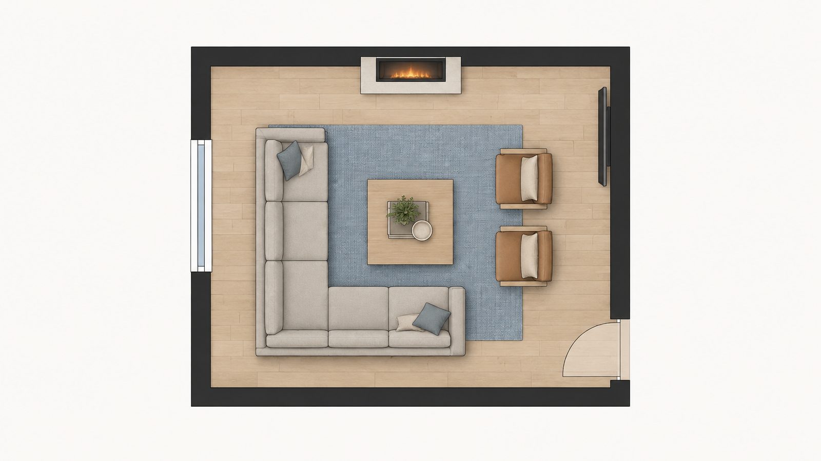 Top down floor plan of an L shaped sectional with one side facing the fireplace and the other facing a TV on the next wall
