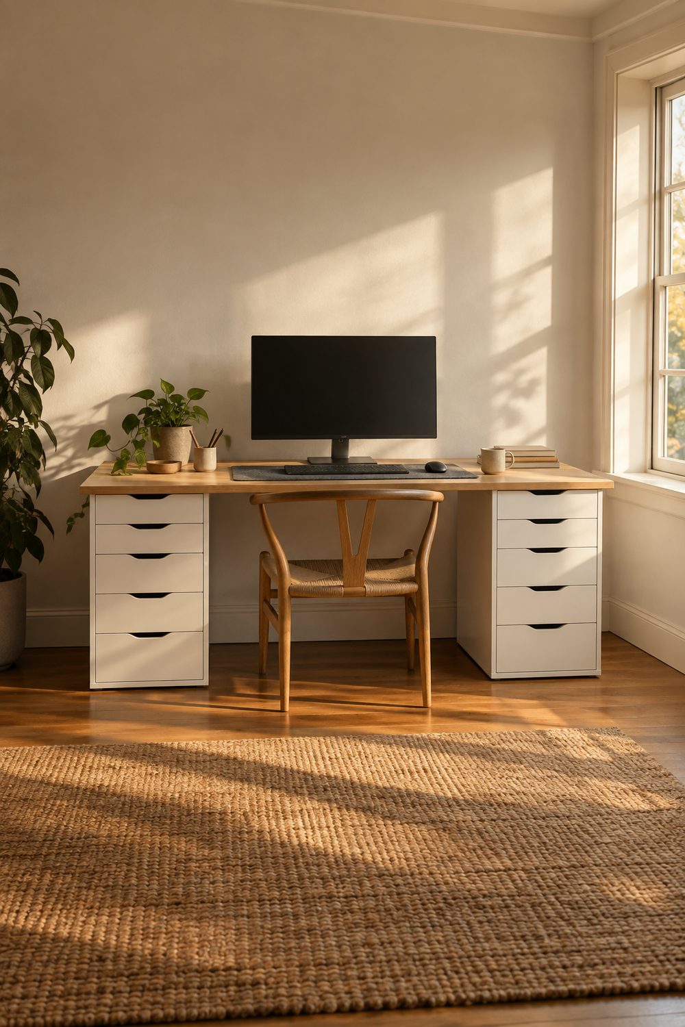 Long birch desktop resting on two white drawer pedestals in a bright home office with a felt desk mat and oak task chair