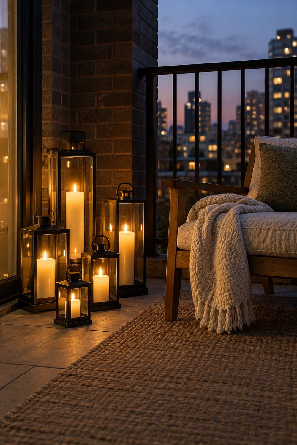 Five black metal and glass candle lanterns glowing on the floor of a small balcony beside a wooden armchair at dusk