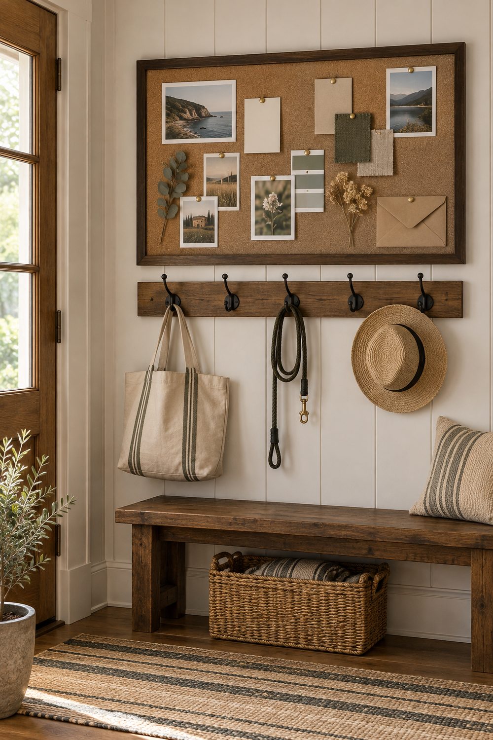 Large dark framed cork board in an entryway above a wood bench, with a row of black hooks holding a tote bag and a leash