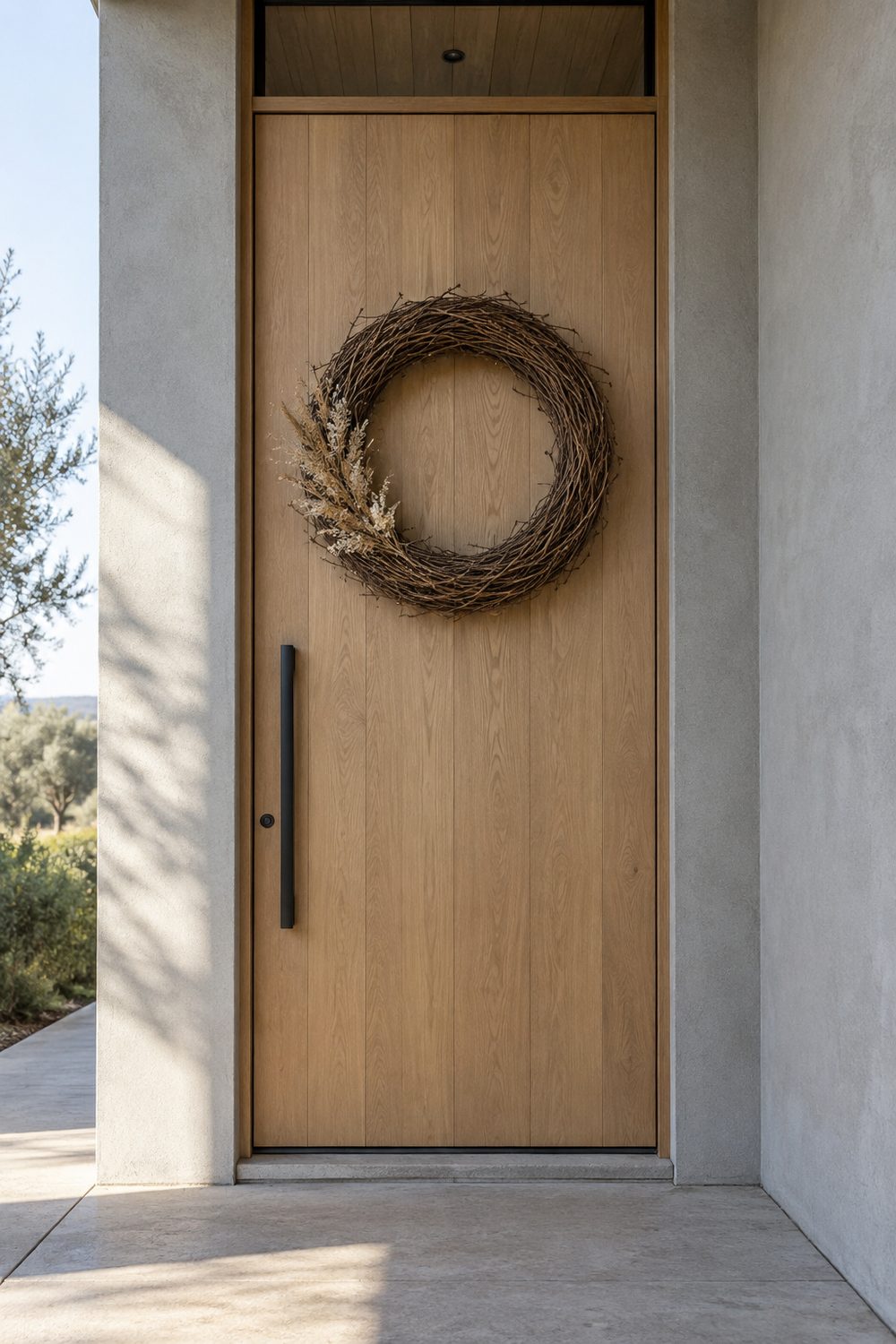 Large 34 inch grapevine wreath with dried grasses centered on a tall white oak front door between gray stucco walls