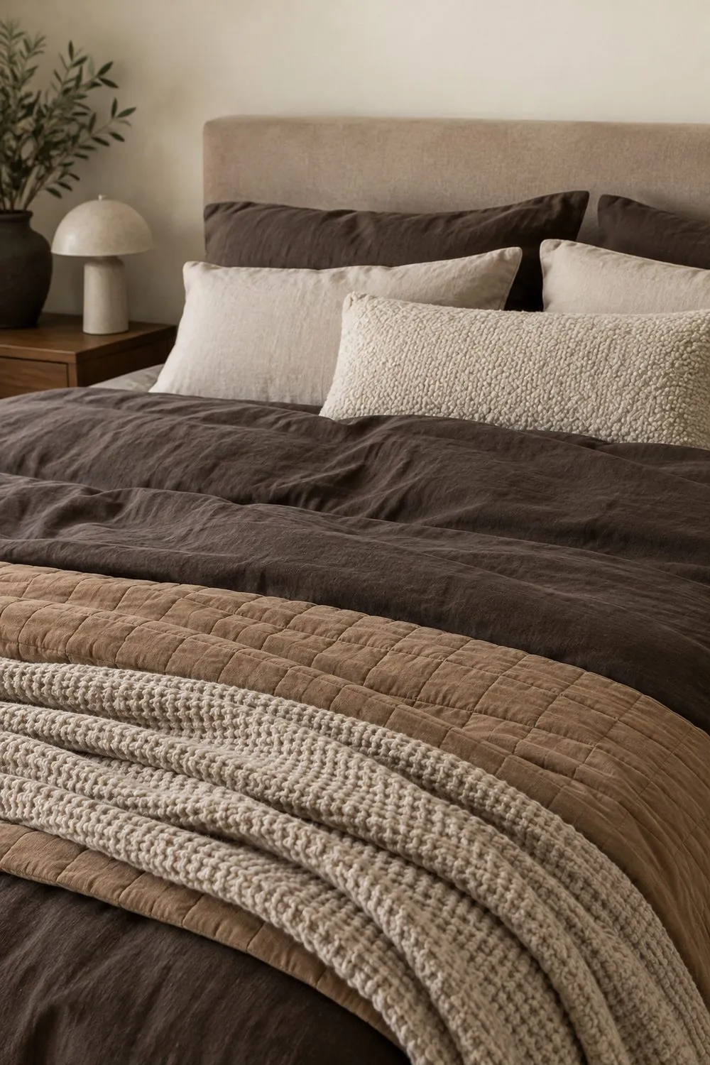 Close-up of a bed layered with an espresso linen duvet, camel quilt, oatmeal waffle throw and linen and boucle pillows
