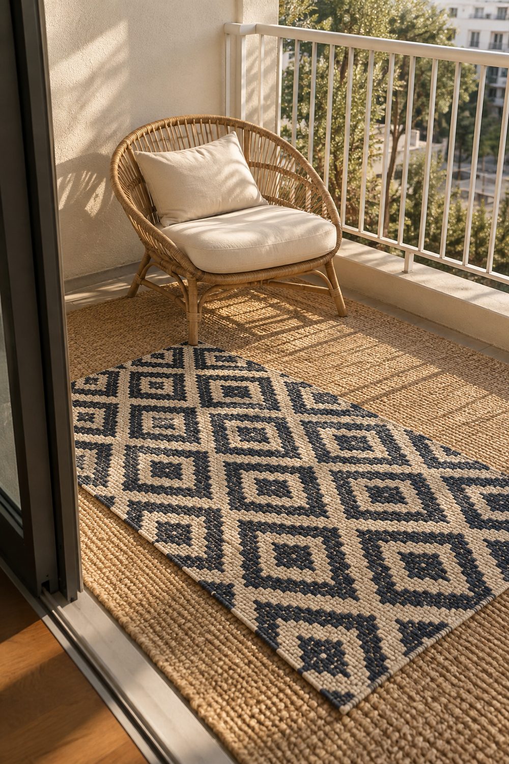 Navy and ivory patterned outdoor rug layered over a larger jute tone rug on a small balcony with a rattan chair