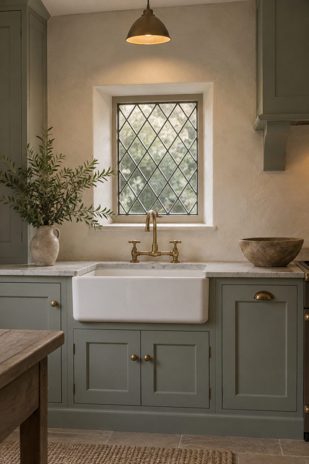 Small kitchen window with diamond pattern leaded glass above a white sink, gray green cabinets, warm white plaster walls