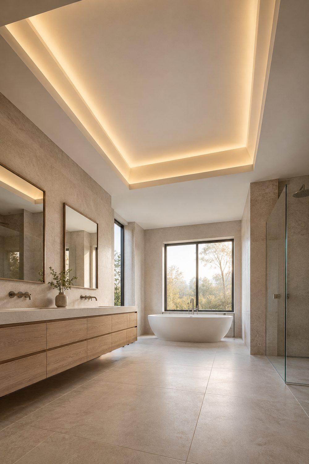 Bathroom tray ceiling with a warm hidden LED cove glow around the perimeter above a floating oak vanity and soaking tub