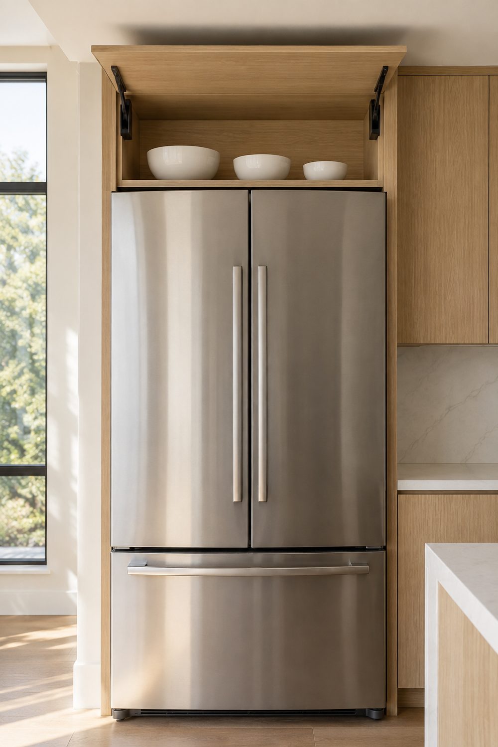 White oak lift up door held open above a stainless refrigerator in a sleek modern kitchen, three white bowls on the shelf