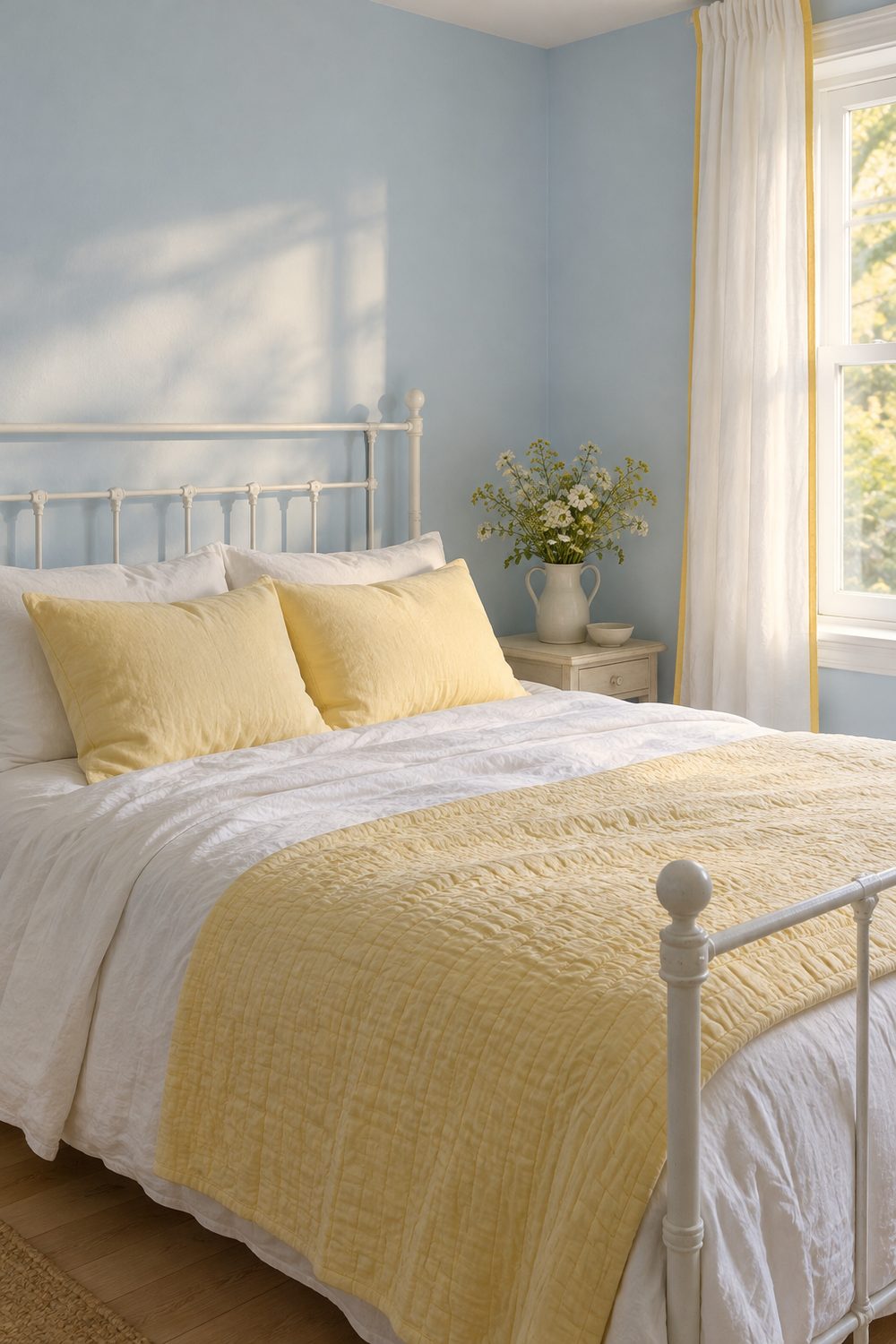 Small bedroom with pale blue walls, white iron bed, butter yellow pillows and quilt, linen curtains with yellow trim