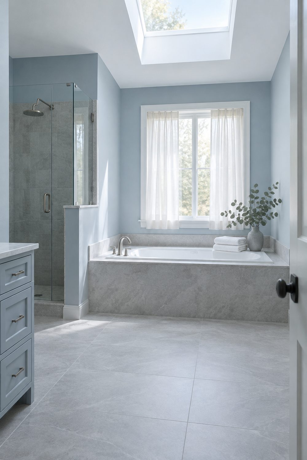 Spa bathroom with powder blue walls, light grey floor tile and a white soaking tub beside a sheer-curtained window