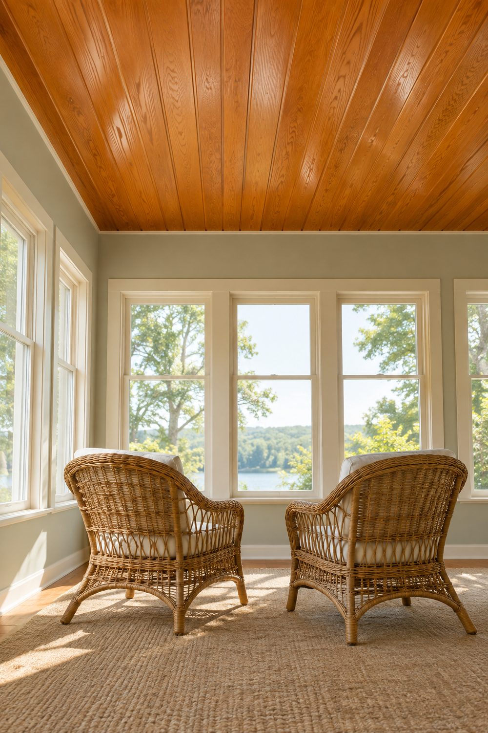 Sunroom with an orange tongue and groove wood ceiling, pale gray green walls, a row of windows and two rattan lounge chairs