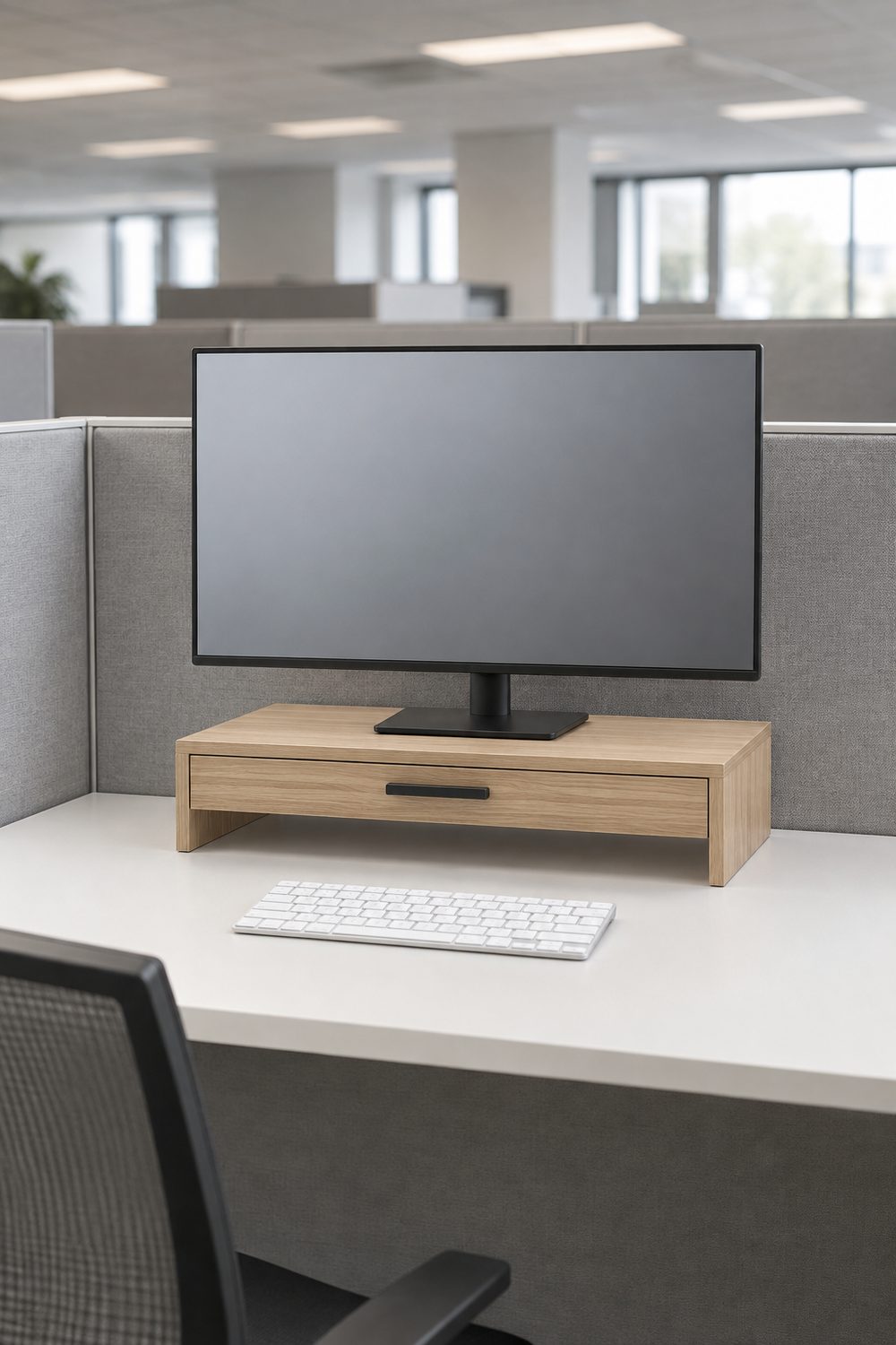 Light oak monitor riser with a shallow drawer lifting a monitor to eye level on a white desk inside an office cubicle