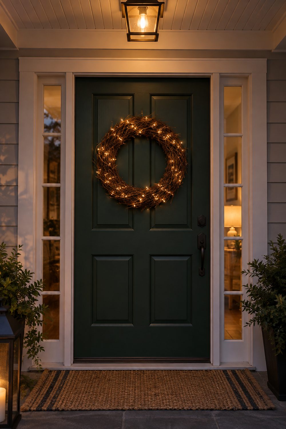 Grapevine wreath wrapped loosely with warm white fairy lights glowing on a dark green door at dusk
