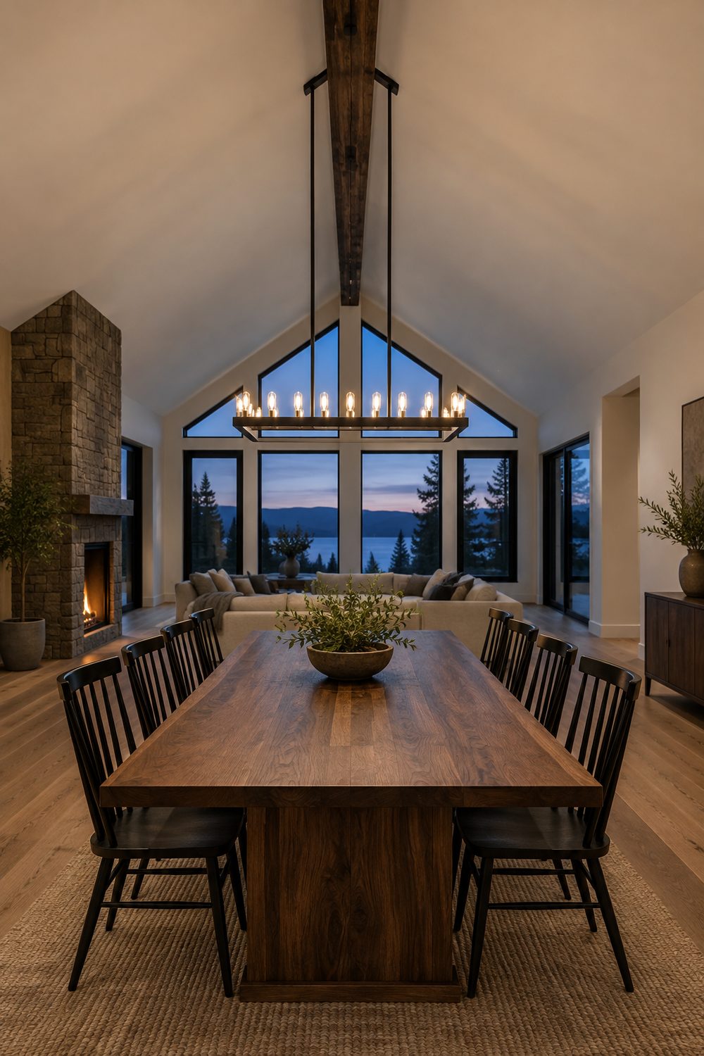 Matte black linear chandelier hanging from a dark wood ridge beam over a walnut dining table in a white vaulted great room at dusk