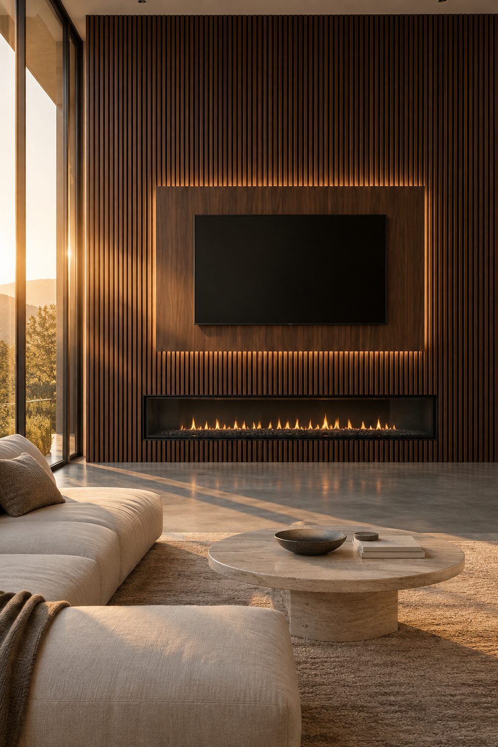 Dark walnut slat media wall with a long linear fireplace below a floating TV panel, low cream sofa and travertine table