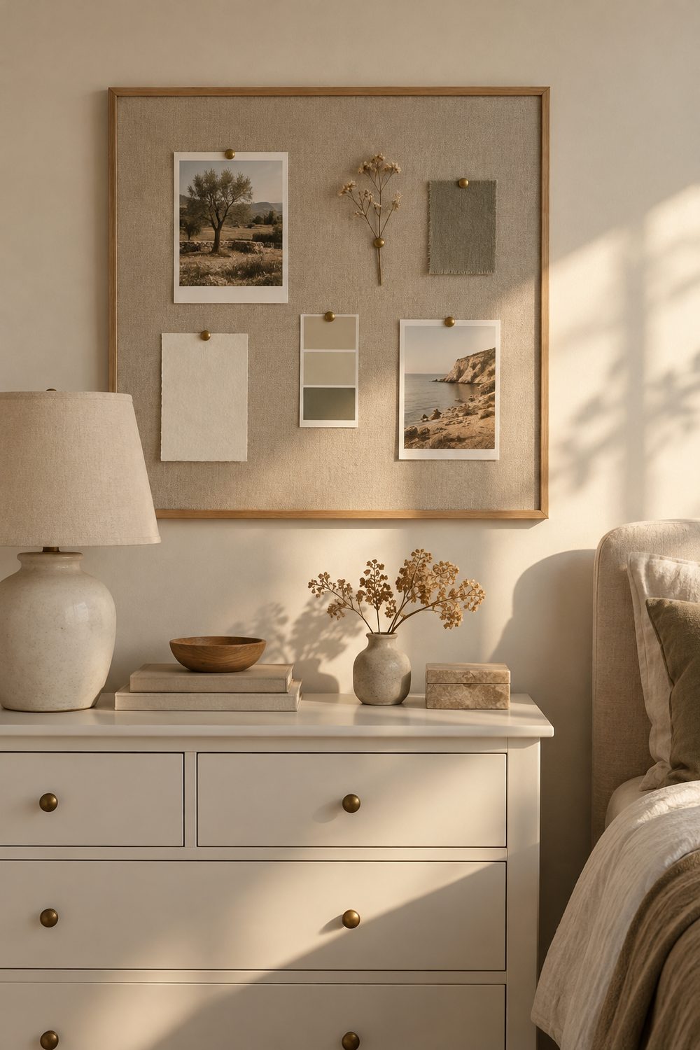 Oatmeal linen covered cork board in a thin oak frame above a white dresser in a soft neutral bedroom