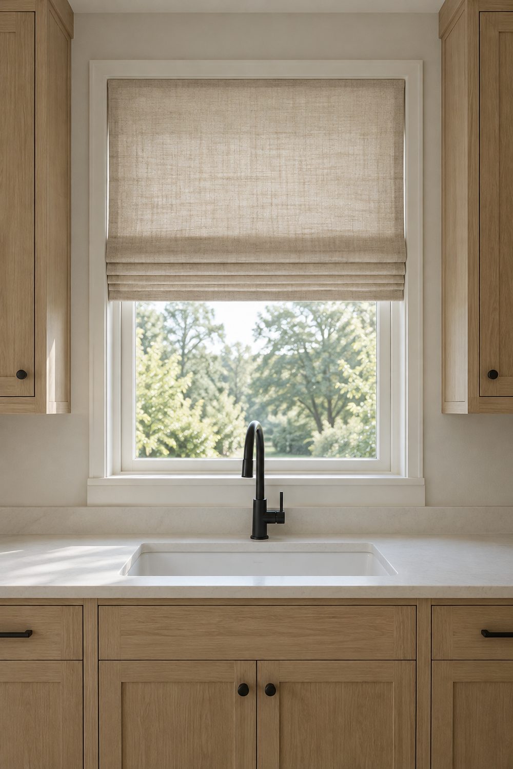 Natural linen flat fold Roman shade lowered halfway inside a kitchen window above a white sink, white oak cabinets