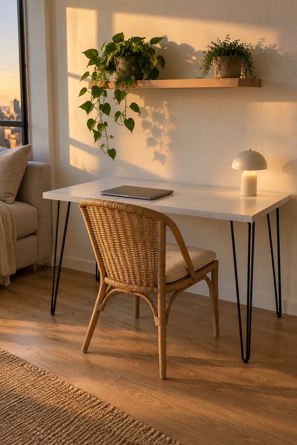 White tabletop desk on black hairpin legs in a studio apartment with a laptop, lamp and a floating shelf above