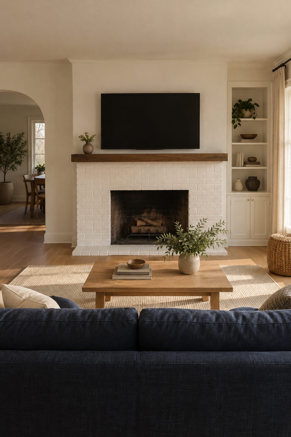 White painted brick fireplace with a walnut mantel and a flat TV mounted just above it, navy sofa facing the wall