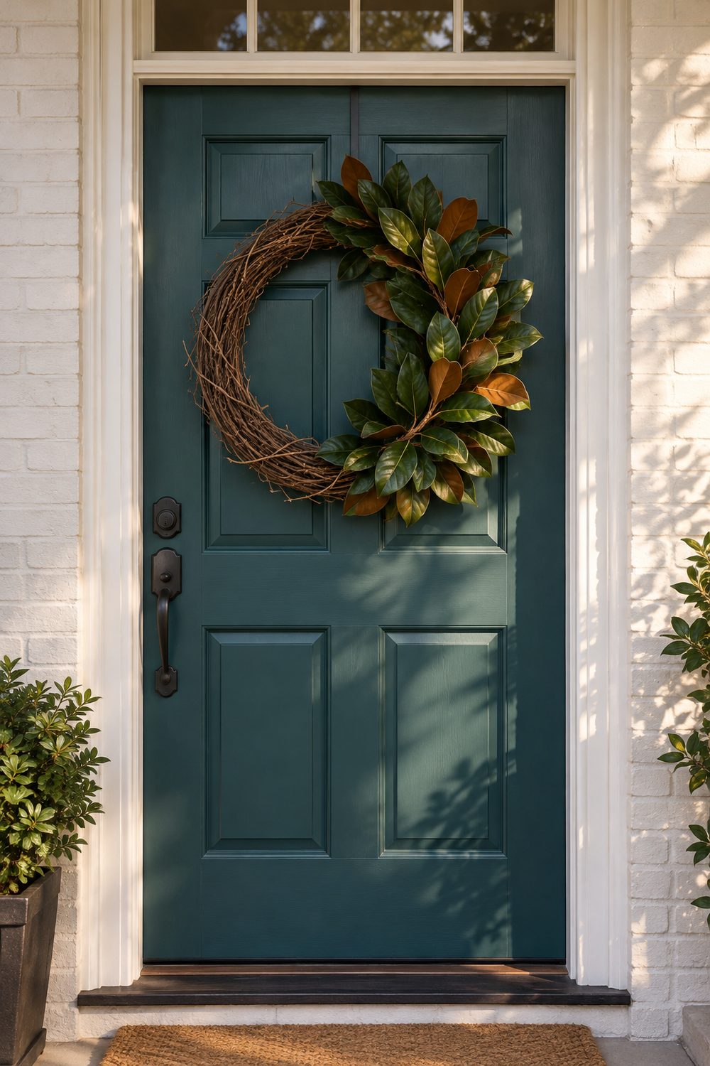 Grapevine wreath with glossy magnolia leaves layered on the right side, hung on a deep teal door in brick
