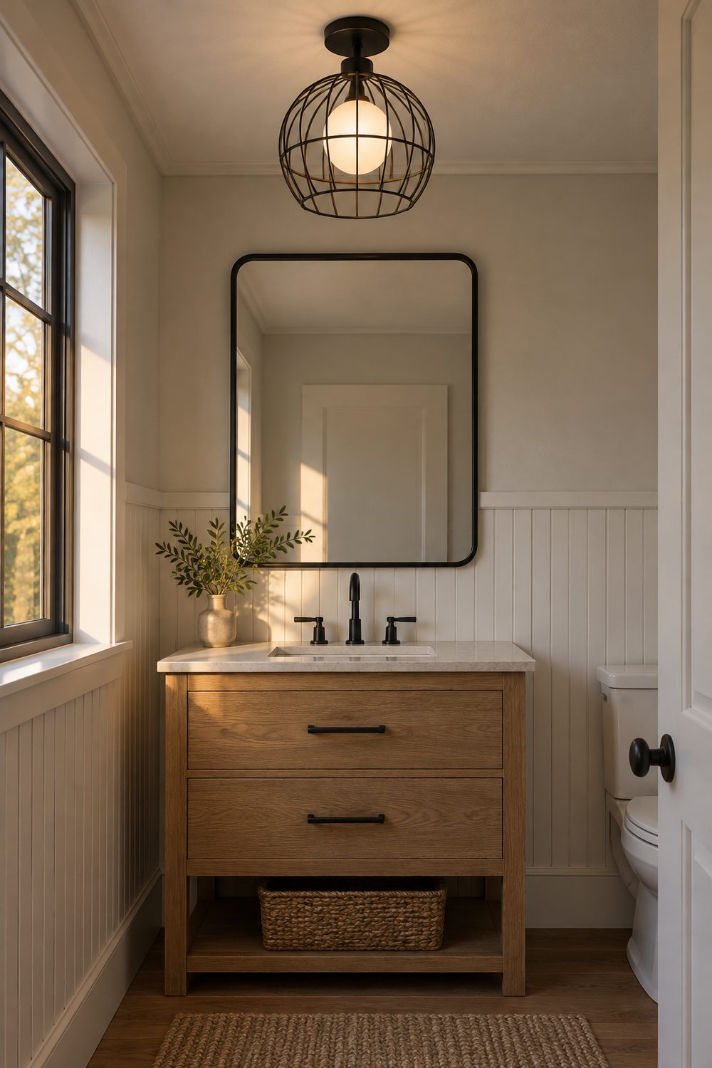 Matte black cage ceiling light with a frosted bulb above an oak vanity and black mirror in a white beadboard powder room